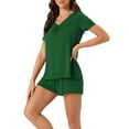 thumbnail image 4 of INSPIRE CHIC Women's Lounge Outfits Casual V Neck Shorts Sleeves Tops with Shorts Pajama Sets XS Green, 4 of 6