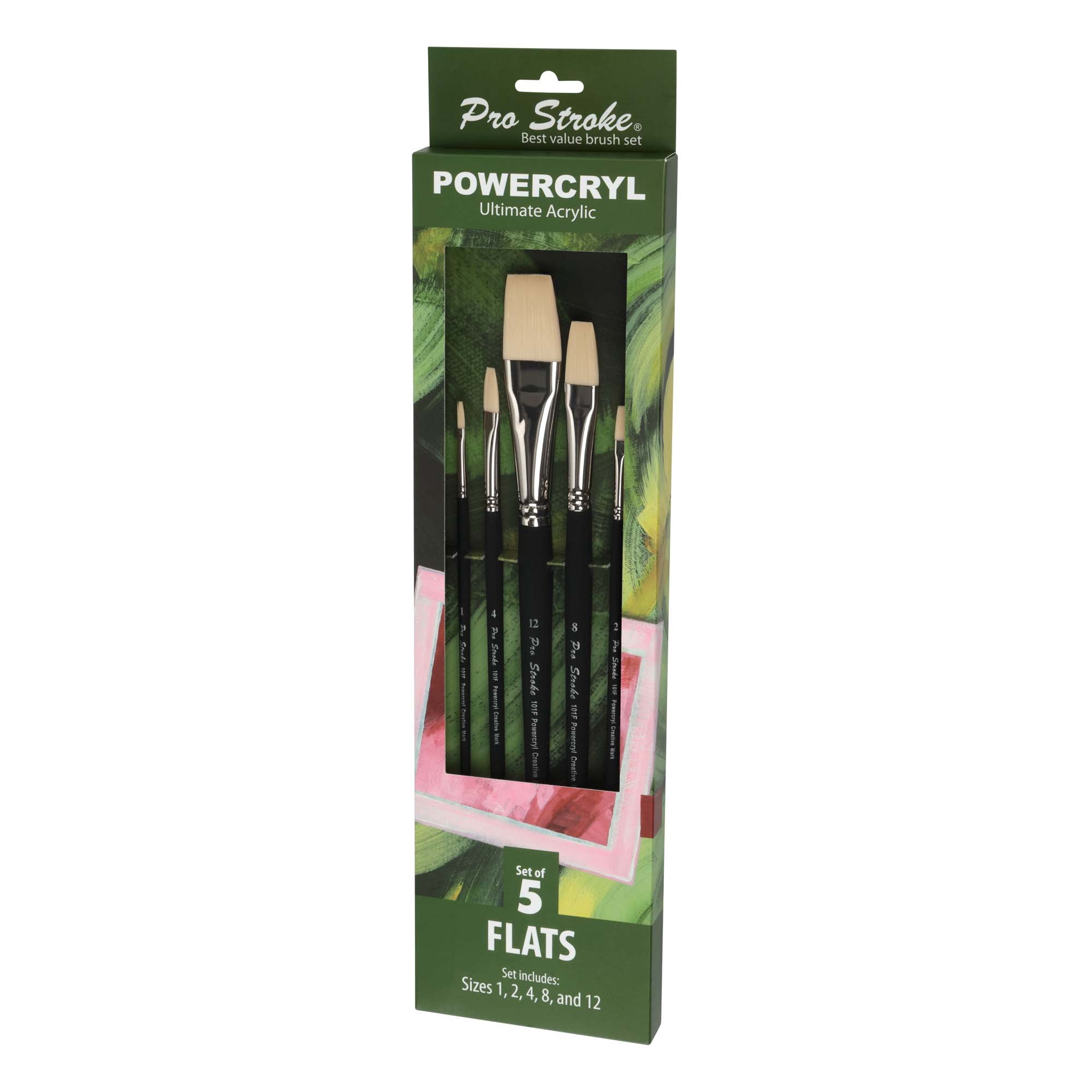 Creative Mark Pro-Stroke Powercryl Acrylic Paint Brushes - Flats Value Set of 5, Synthetic Paint Brushes for Artists, Seamless Nickel-Plated Ferrules, Matte Black Wooden Handle, Soft-Touch Grip