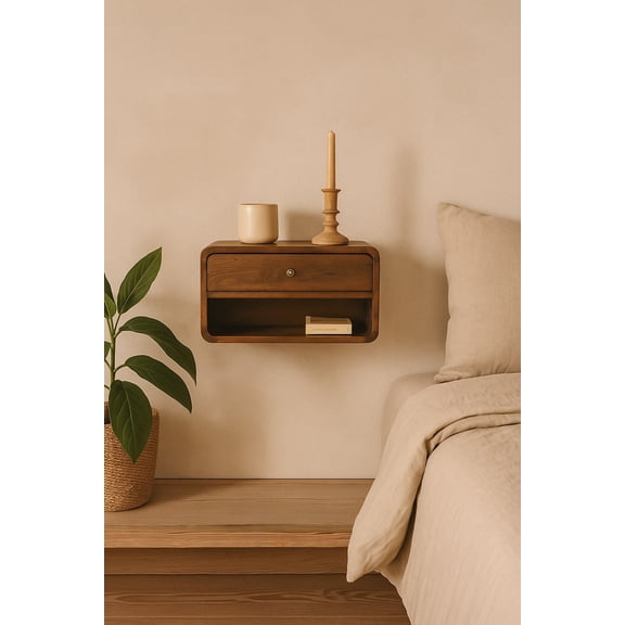 Nightstand Floating Bedside Table, Solid Mango Wood Contemporary Design with 1 Drawer and 1 Open Storage Shelf, Chestnut Brown Finish for Modern Bedroom Wall Mount Installation