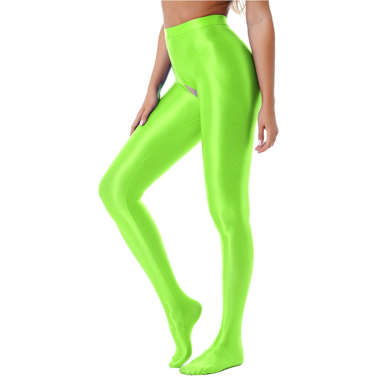 MSemis Women Glossy Oil Shiny Opaque Pantyhose Shimmery Tights Skinny  Leggings for Honeymoon Gift Fluorescent Green XL