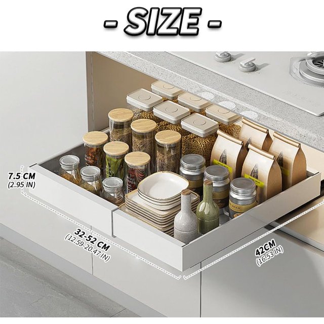 Expandable Cabinet Organizer with Adhesive, Pull Out Drawer for Kitchen, Pantry and Bathroom Storage