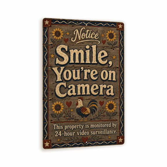 Smile, You're on Camera Barnwood Business Sign - Metal Safety & Compliance Sign for businesses, facilities & worksites - 8"x 12" Aluminum Wall Sign - Indoor / Outdoor