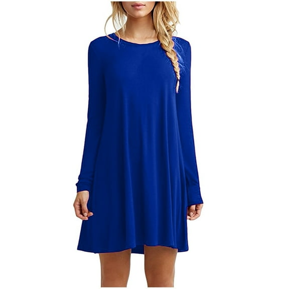 Women Casual Solid Long Sleeve Round Neck Loose Dress Ruffle Mini Dress