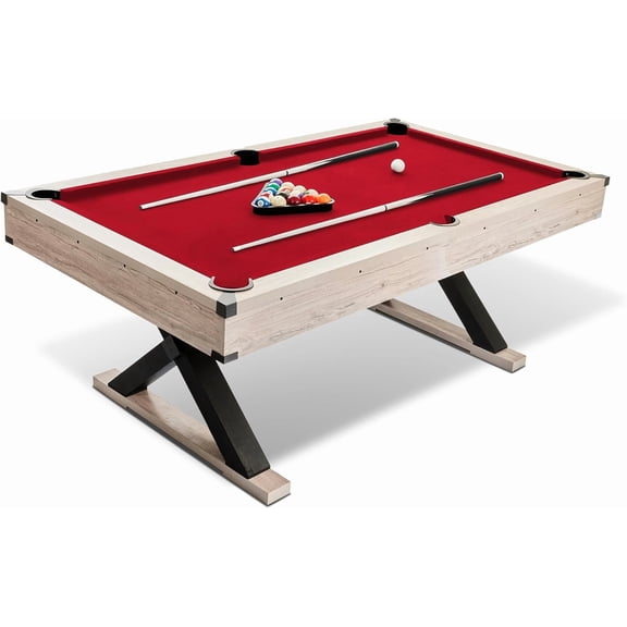 Historyli 7 FT Pool Table,84In Billiard Tables,Outdoor Solid Wood Pool Table with 2 Cue Sticks,Billiard Balls,Cleaning Brush,Chalk and X-Legs,Red