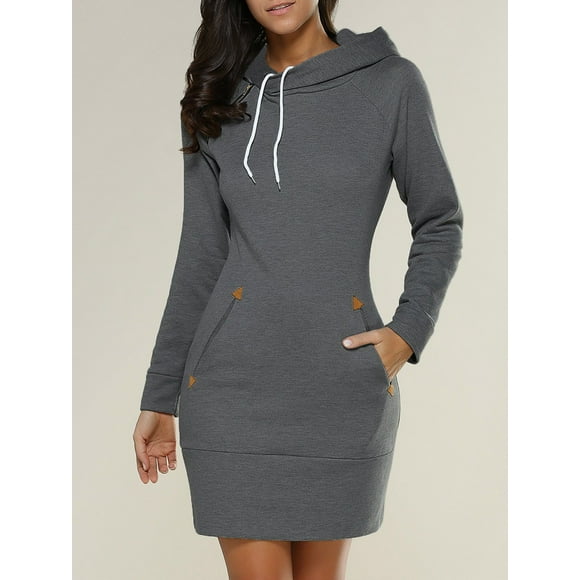 Gray Women's Long Sleeve Round Collar Hoodie Dress Sweater, Small