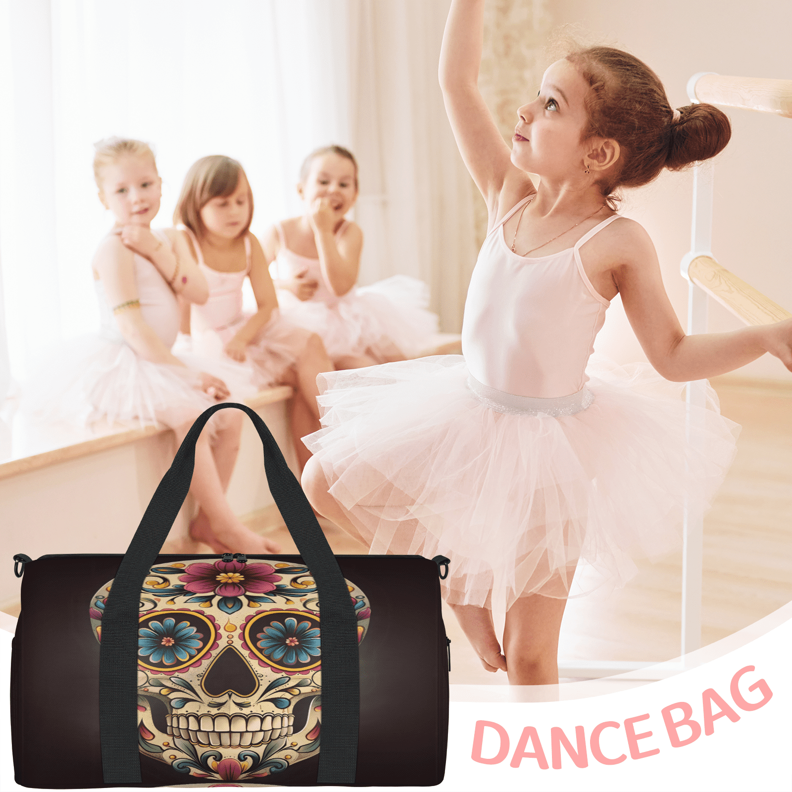 Herdesigns Day The Dead Skull Halloween Gym Bag for Women, Duffle Bag for Travel Sport, Lightweight Waterproof Carry on Weekender Overnight Dance Yoga Workout Bags