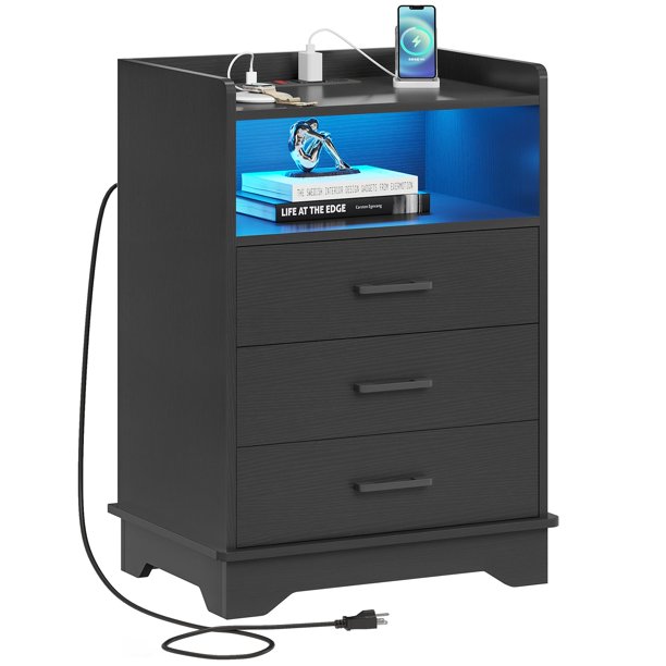 ADORNEVE Black LED Nightstand with Charging Station, Night Stand 3