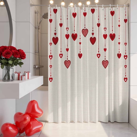 Valentines Red Shower Curtain, 48" x 72", Love Heart Linen Waterproof Bathroom Curtain Washable Shower Curtain Set with 12 Hooks