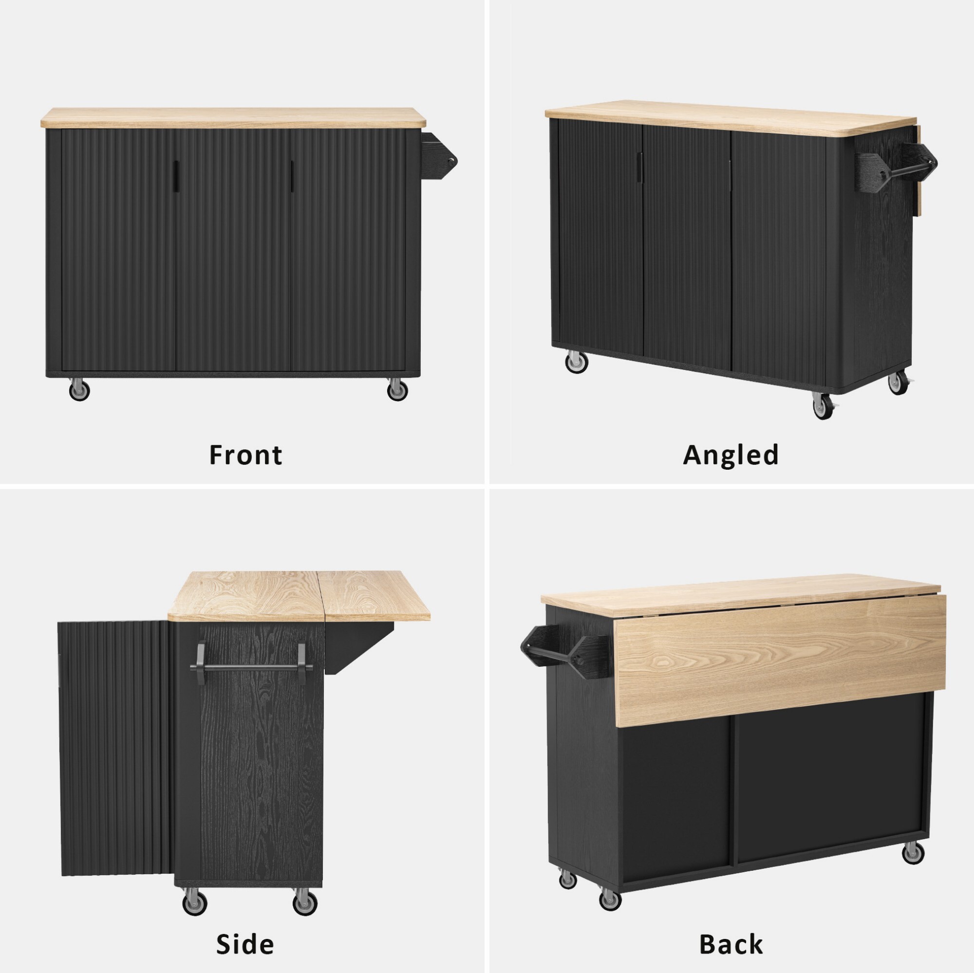 DEALTOPS 51" Fluted Panel Kitchen Island with Drop Leaf, 3-Door Rolling Storage Cabinet Cart, Black Ash