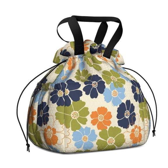 Geometric Flower and Sunburst Gray Drawstring Insulated Lunch Bag for Women, Stain-Resistant Large Lunch Tote with Multi-Pockets for Work Office