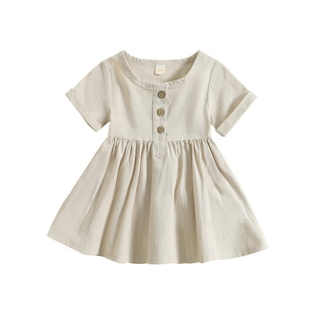 

HOANSELAY Toddler Baby Girls Summer Dresses Round Neck Button Down Dresses Casual Clothes
