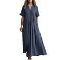 thumbnail image 2 of IUYRTFE Women's V Neck Short Sleeve Maxi Dress Cotton Linen Loose Fit Summer Casual Long Vacation Dress, 2 of 6