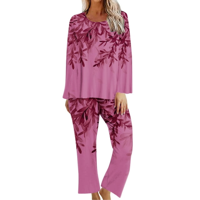 KIHOUT Pyjamas pour Femmes Imprimé Col Rond Manches Courtes Chemise de Nuit et Pantalons Ensembles Vêtements de Détente Pyjamas avec Poches