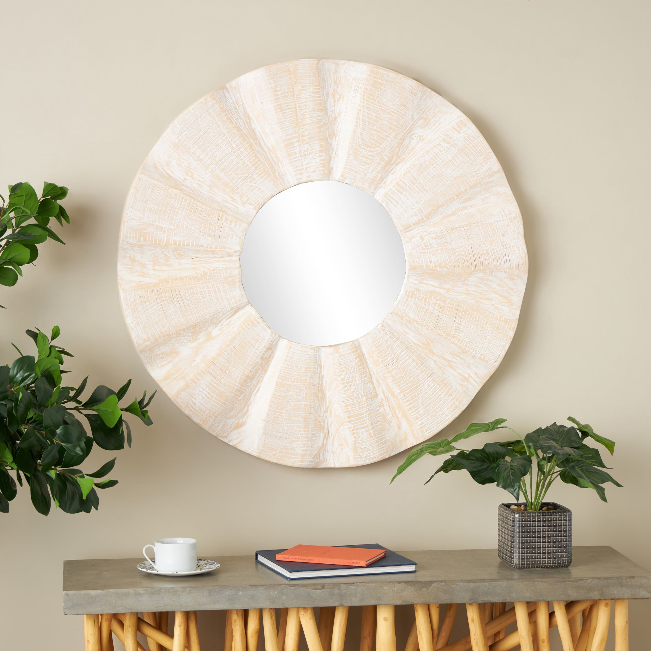 DecMode 35" x 35" Cream Handmade Large Abstract Wall Mirror with Carved Abstract Patterns