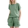 thumbnail image 2 of Roncen Women's Short-Sleeve Linen Cotton Two-Piece Set - Breathable Solid Color Outfit with Casual Top & Pants for Summer Comfort, 2 of 7