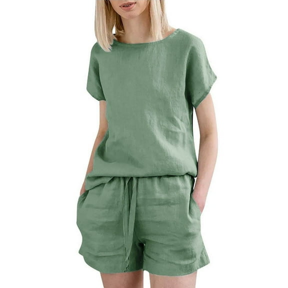 Fmbrln Womens Plus Size Linen 2 Piece Sets Summer Fashion Casual Crew Neck Short Sleeve Tops and Drawstring Shorts with Pockets Sets Lounge Outfits Army Green XL