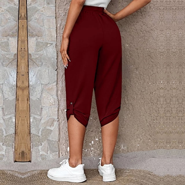 Pantalones cortos de mujer con hebilla y dobladillo enrollable, cintura elástica, bolsillos laterales, pantalones sueltos informales de Color puro