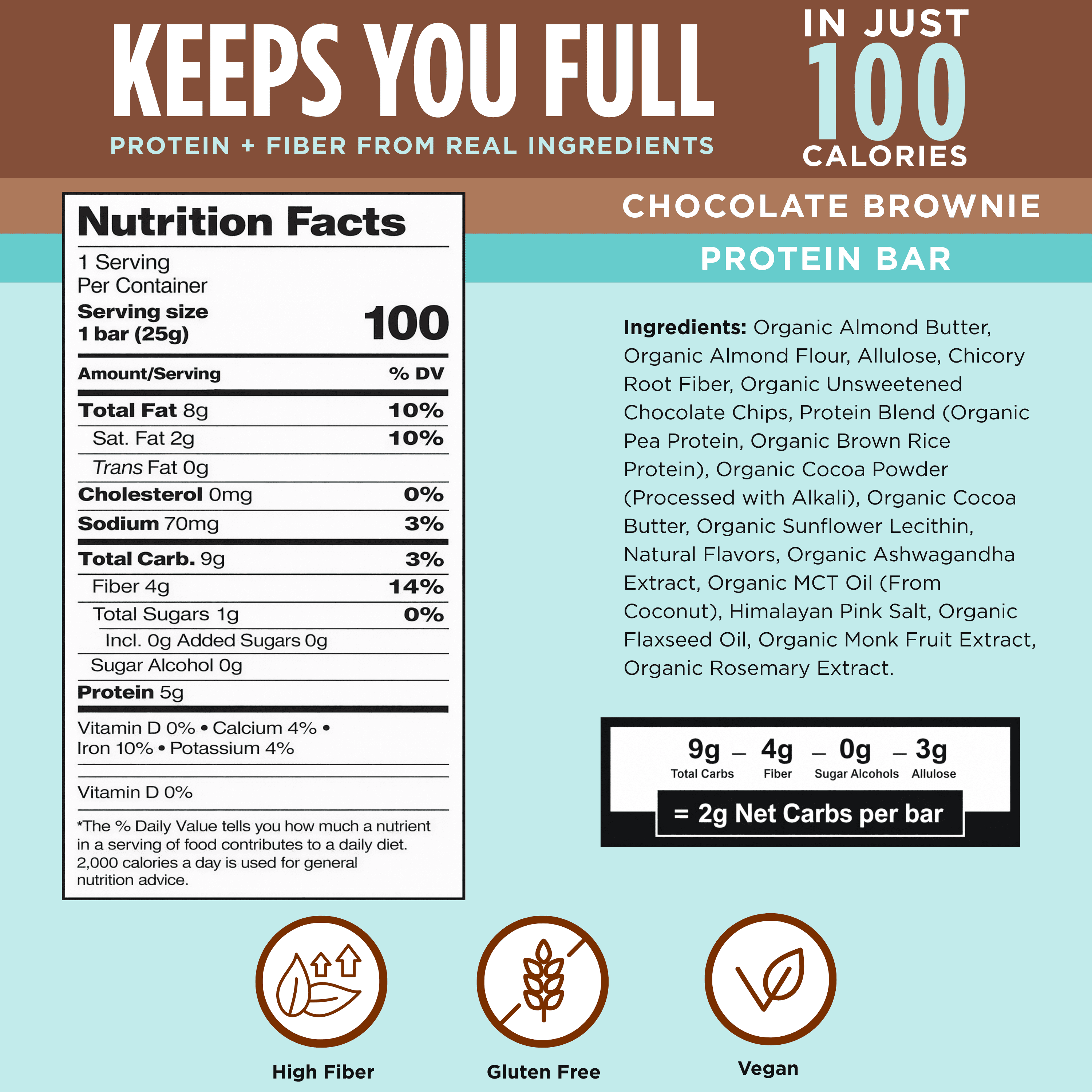 100 Cal Snacks Protein Bars, Chocolate Brownie, Vegan Gluten Free Snack Bars, Zero Sugar Added,  0.88 oz, 20 Count