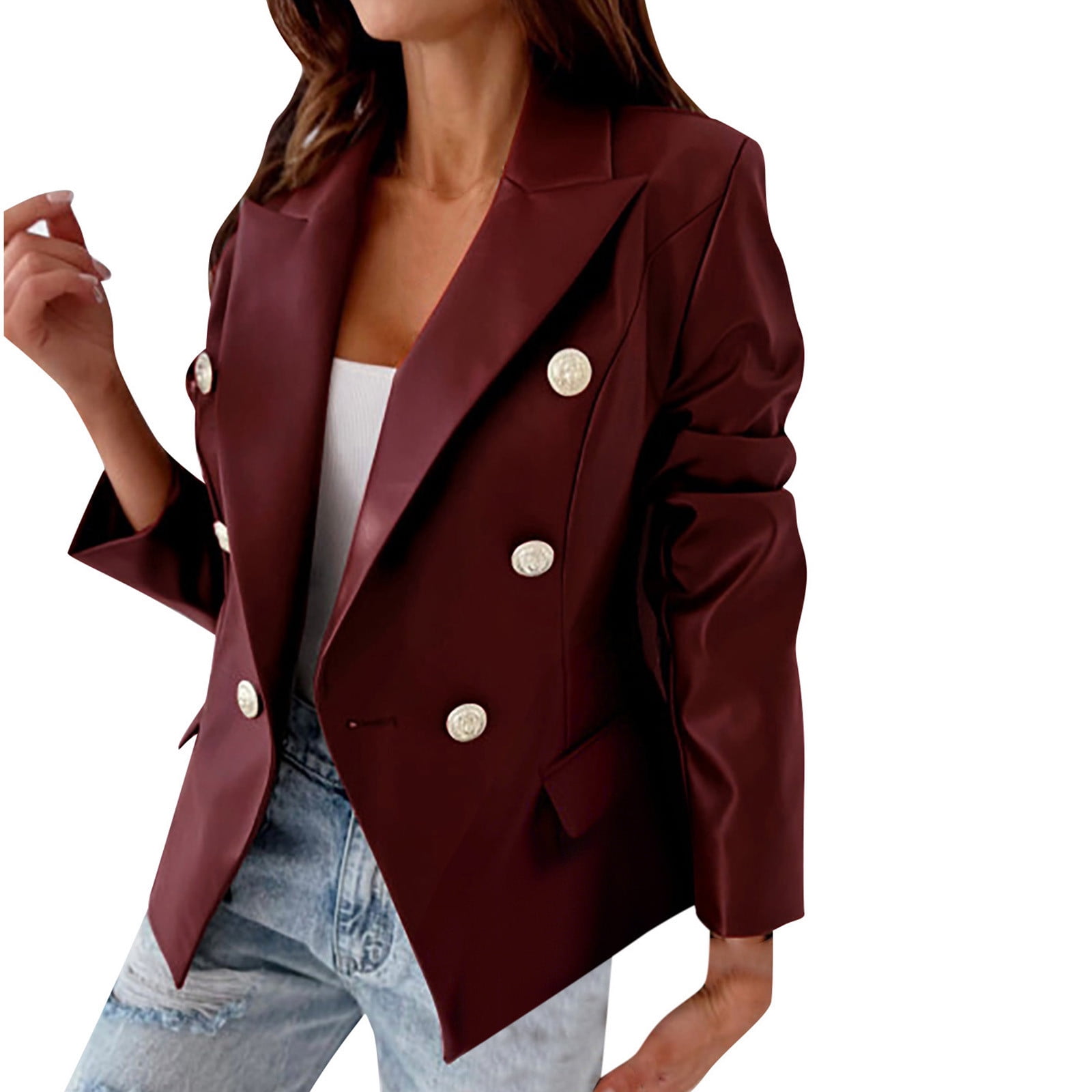 Brnmxoke Double Breasted Buttons Faux Leather Blazer Women Long Sleeve Coat Notch Collar Leather Jacket Women