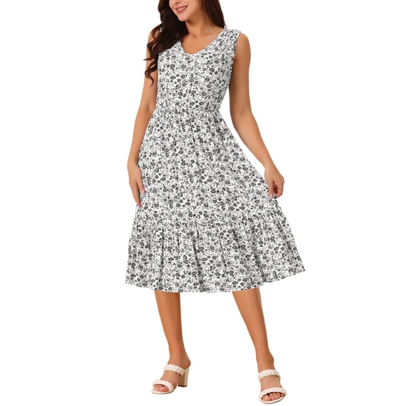 INSPIRE CHIC Women's Summer Boho Beach Dresses V Neck Sleeveless Floral Flowy Tie Midi Casual Sundress XL White