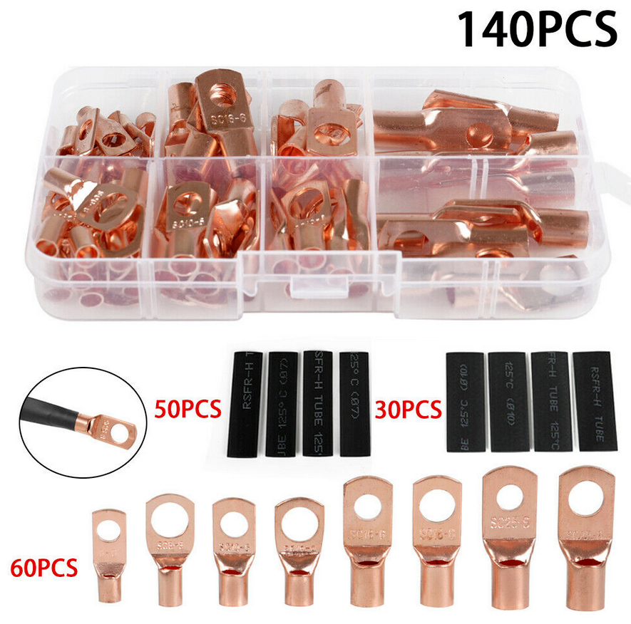 140Pcs Copper Wire Ring Terminal Lug Battery Welding Bare Connectors