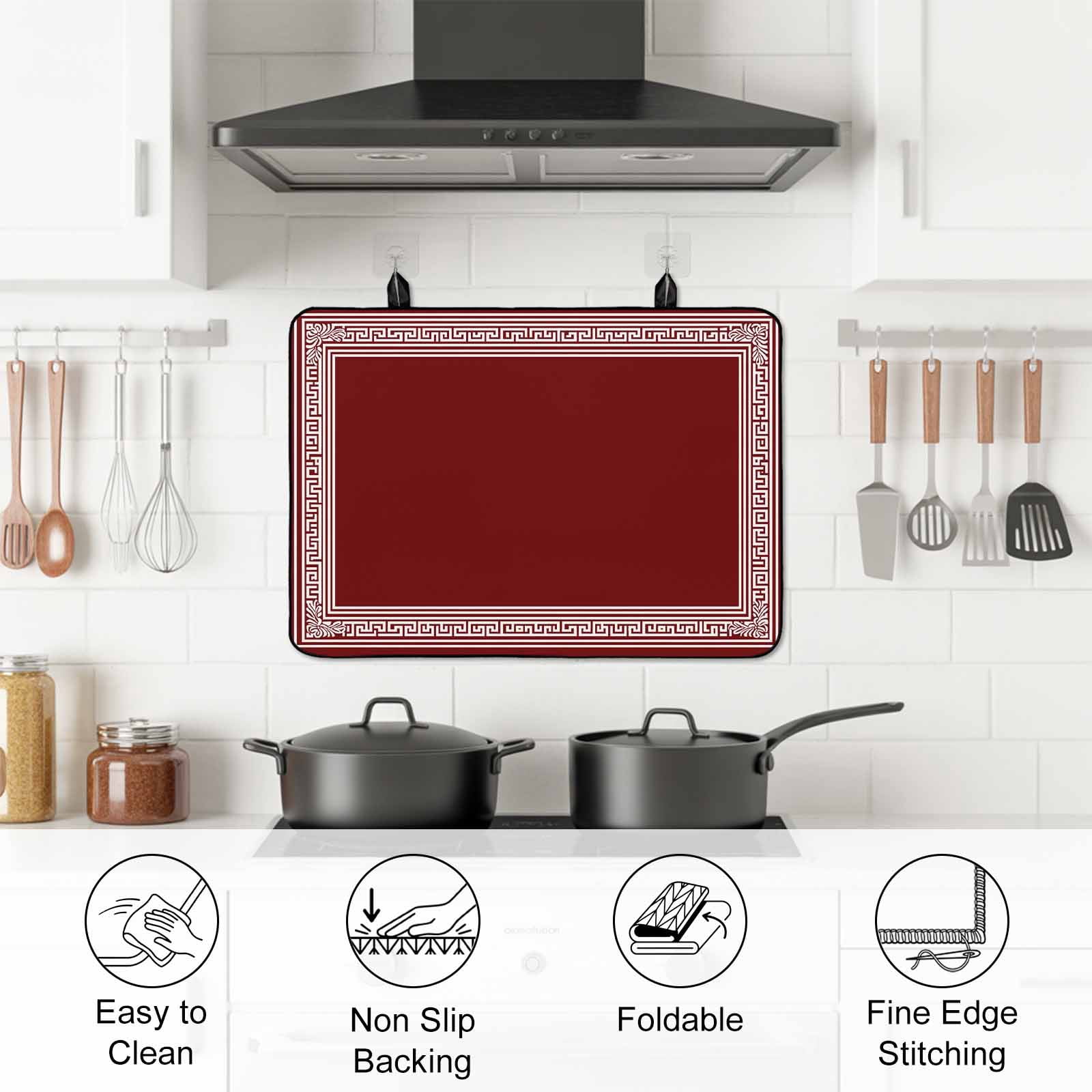 Red Geometric Stove Top Cover for Electric Stove, Heat-proof & Non Slip Glass Top Stove Cover Protector, Country Farm Traditional Chinese Tile Kitchen Flat Cooktop Rubber Mat 28.5x20.5 Inches