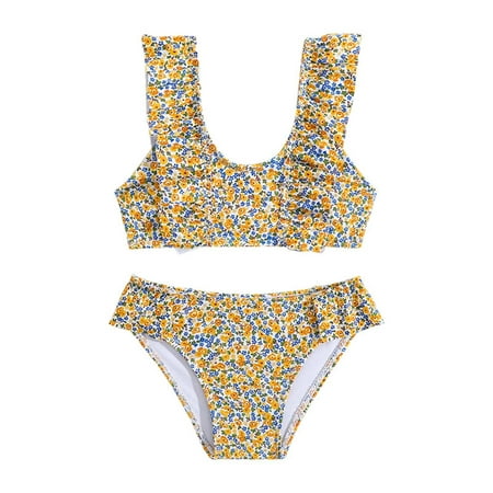 Toimothcn Swimsuit For Girls Ruffled Sleeve Casual Floral Printed 2 Piece Bikini Set Quickly Dry Cover Up Swimwear 6-7 Years