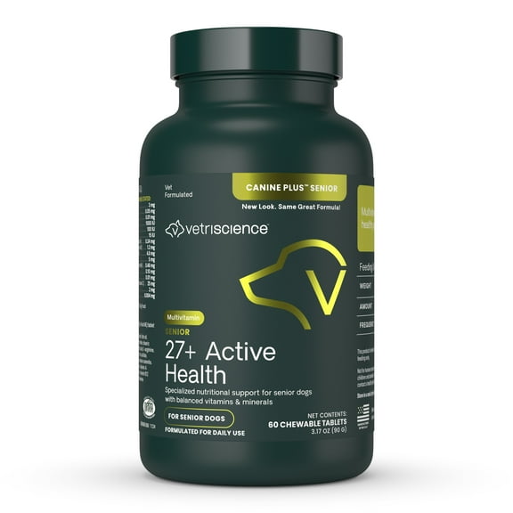 VetriScience 27  Active Health Aging Multivitamin Chewable Tablets for Senior Dogs, Duck Flavor, 60 Count Bottle