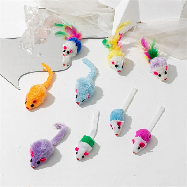 Cat Toy Mice with Feathers, Catnip-Filled Interactive Fleece Mice Toys for Indoor Cats, Multi-Color, 10-Pack