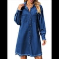 thumbnail image 2 of Vestido Informal Holgado de Mezclilla Lavada Vintage para Mujer, de Larga y Borde Sin Rematar. Azul Oscuro M, 2 of 10