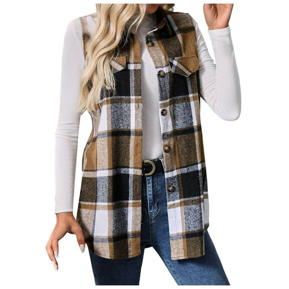 GEWSEY Plaid Vest for Women Lapel Button Down Sleeveless Shacket Fall Winter Comfortable Warm Long Jacket Outerwear Outwear (Khaki, XXL)