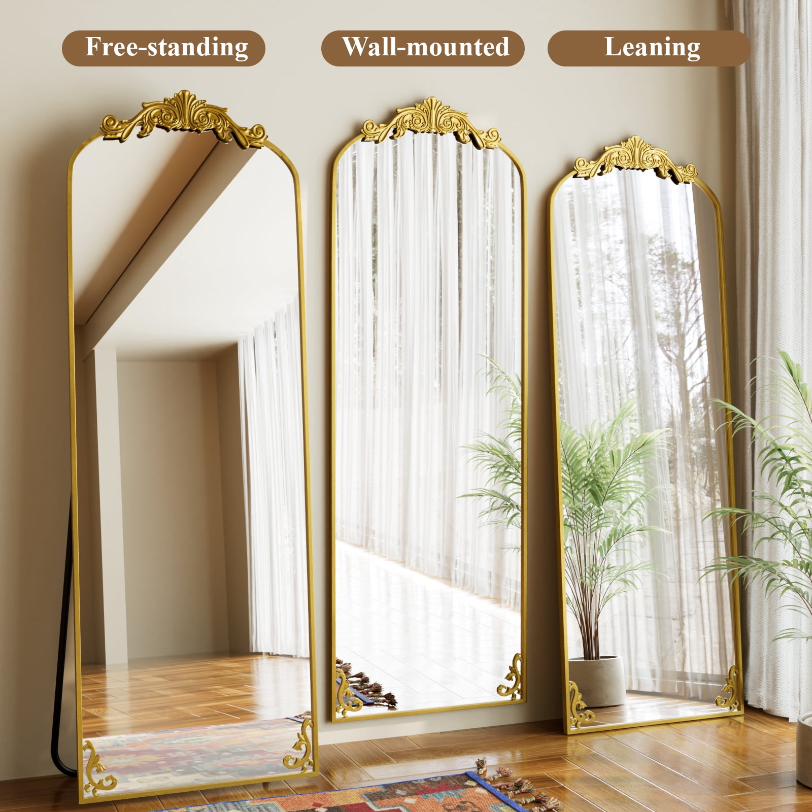 AUROMIR 64"x 21" Arched Floor Mirror Full Length Mirror Baroque Vintage Mirror with Carved Frame, Gold