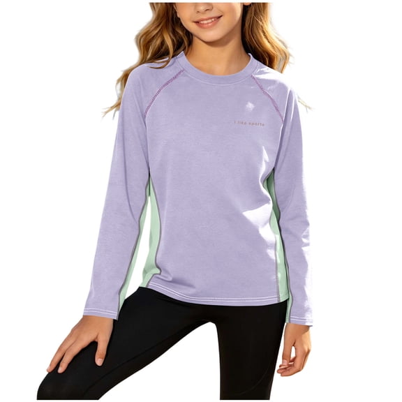 Girls Moisture Wicking Long Sleeve Round Neck Athletic T Shirts, Performance Sports Tops for Ages 4–16 Purple 11-12 Years