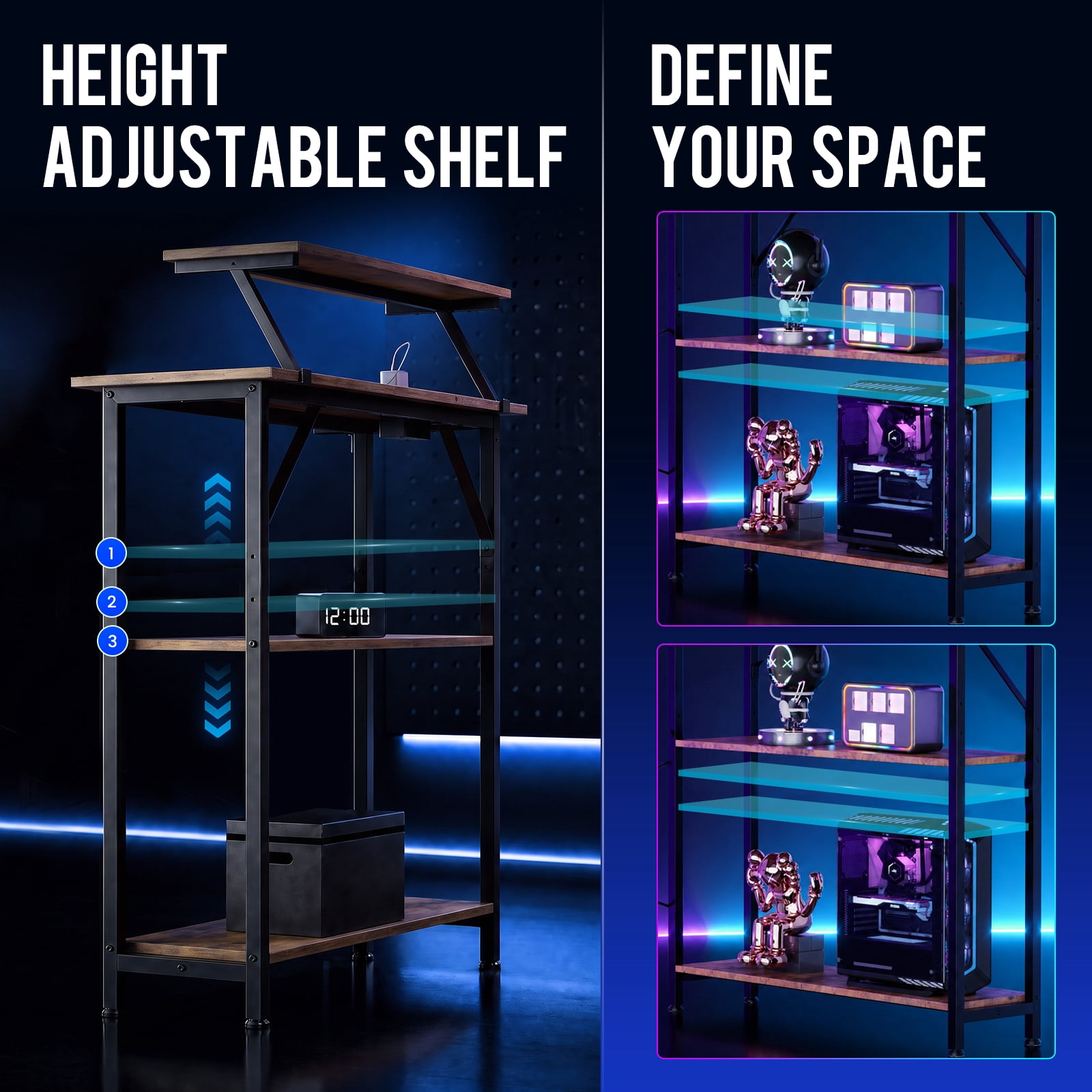 CLOUDREST PRO 42" L-Shaped Gaming Desk, Power Outlets & RGB LEDs, Brown