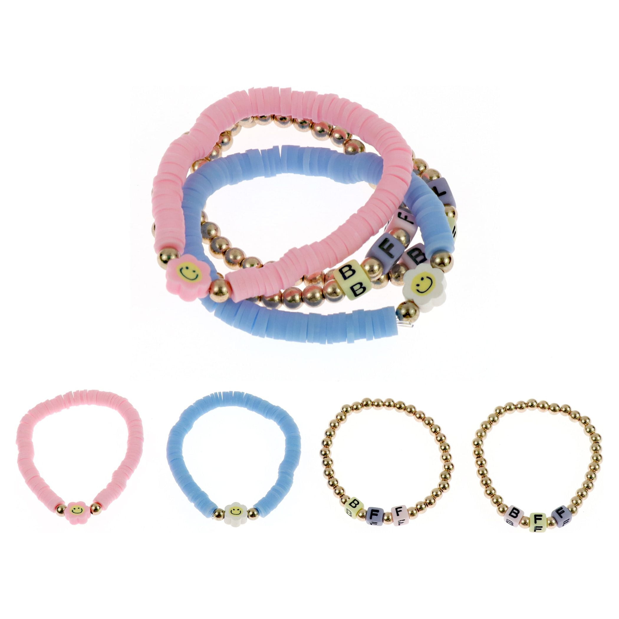 Wonder Nation Kids Pastel Beaded BFF/Flower Stretch Bracelet Set, 4 Pack