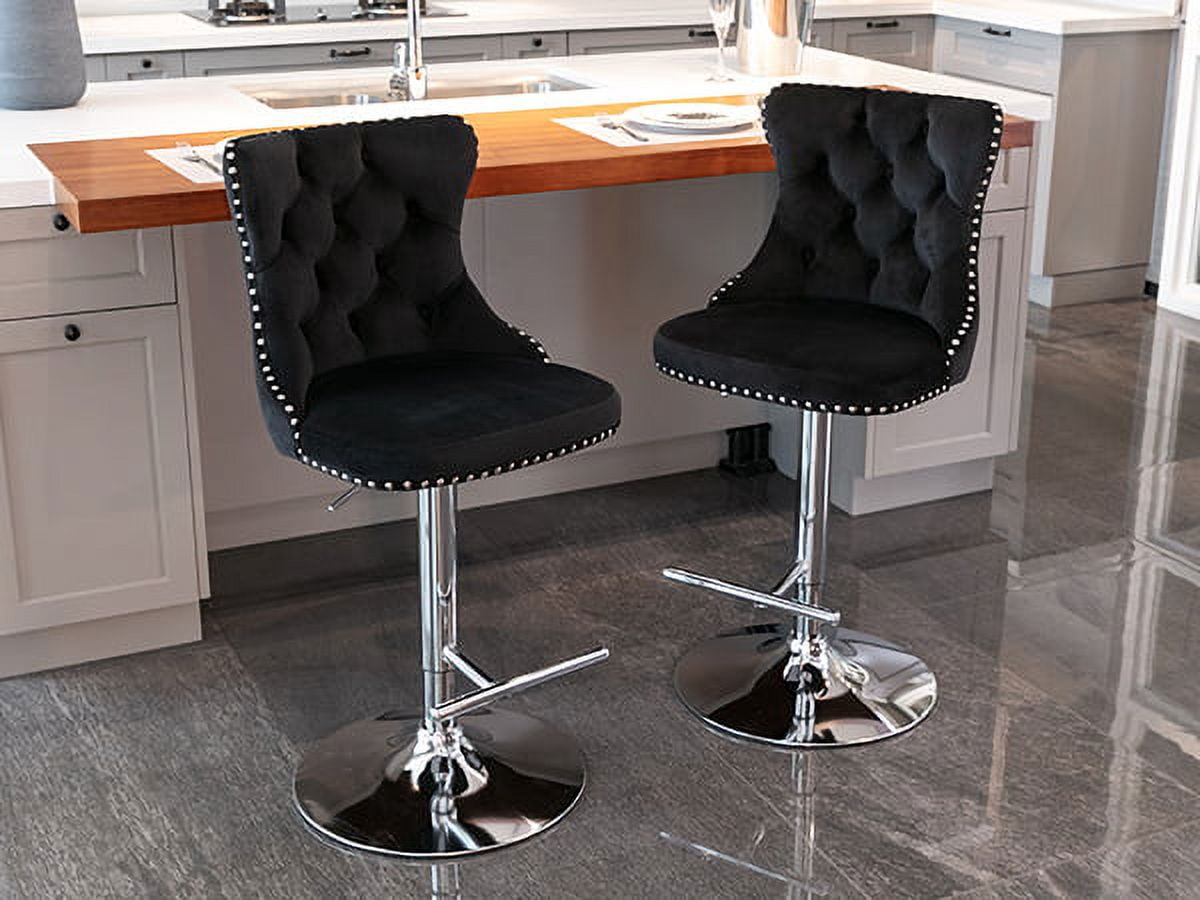 ODUSE-DAILY Black Velvet Bar Stools Set of 2 - Adjustable Swivel Counter Height Chairs with Tufted Back and Nailhead Trim for Kitchen Island Pub Restaurant (2Pcs, Chrome Metal, Black)