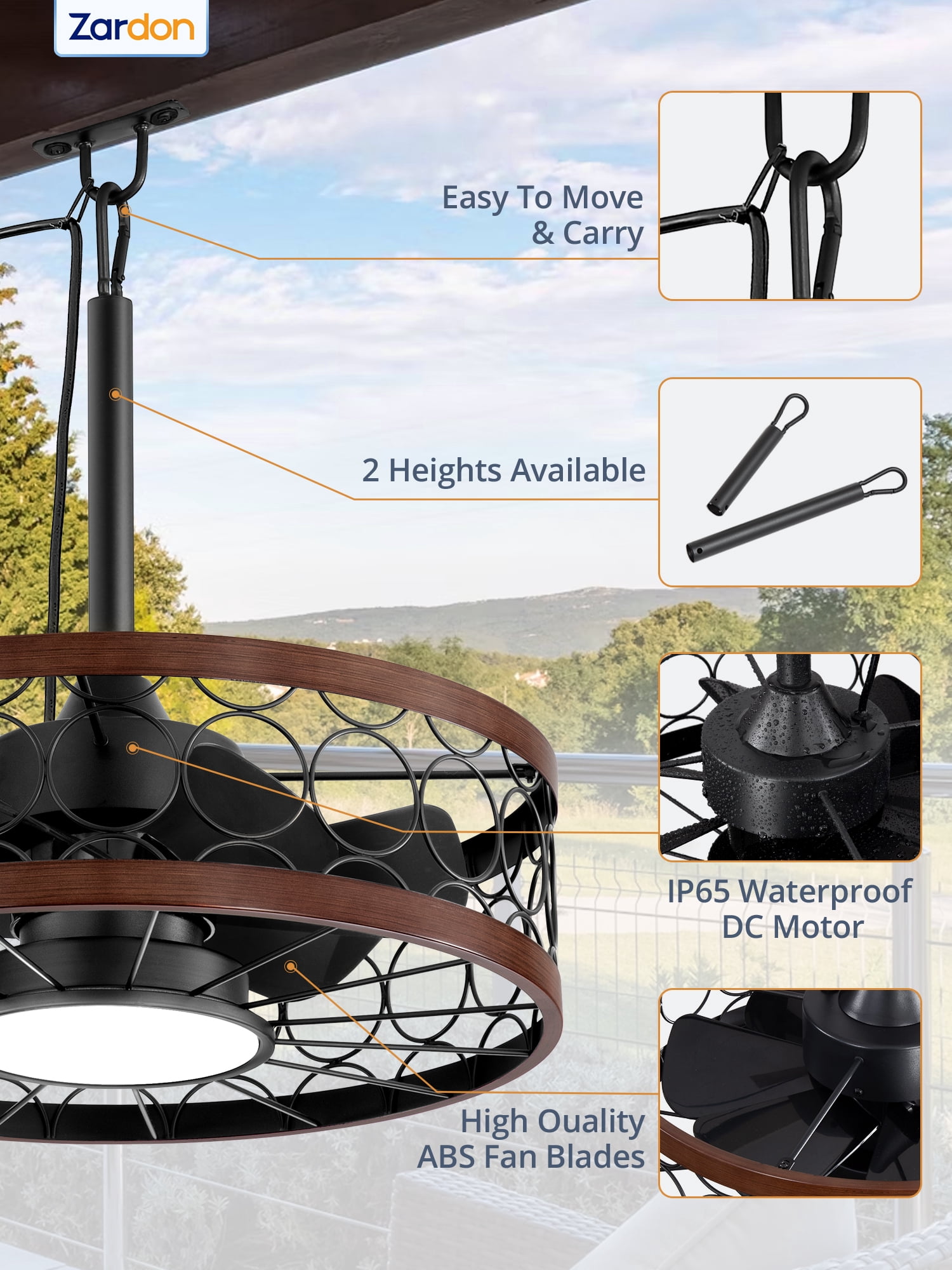 Zardon 20in Outdoor Ceiling Fans with Light and Remote Control, Gazebo Ceiling Fan with Corded for Plug in, Waterproof for Pergola, Canopy, Patios
