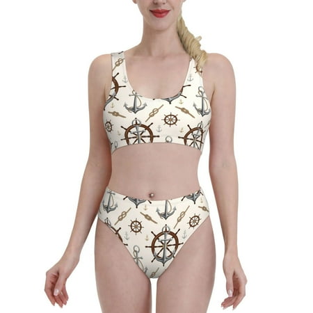 Bixox Anchor with Rope Pattern Two-Piece Sports Bikini with U-Shaped Top and High-Waist Bottom - Women s Swimwear with Removable Bra Pads