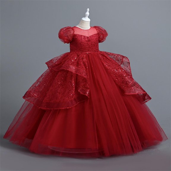 NAISIBABY Girls Formal Pageant Dress, Bubble Sleeve Embroidery Mesh Wedding Birthday Dress Ruffled Lace Prom Maxi Dress Wine 10T