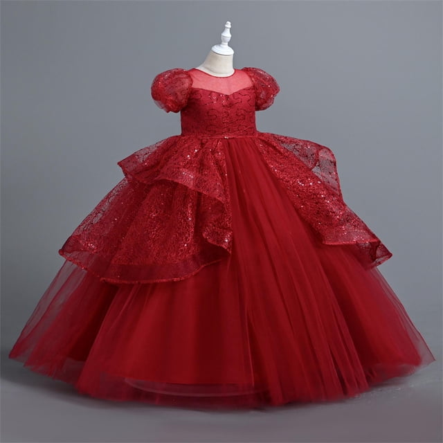 LOVZFMLL Girls' Summer Short Sleeve Ruffled Lace Round-Neck Embroidery Mesh Princess Bow Skirt