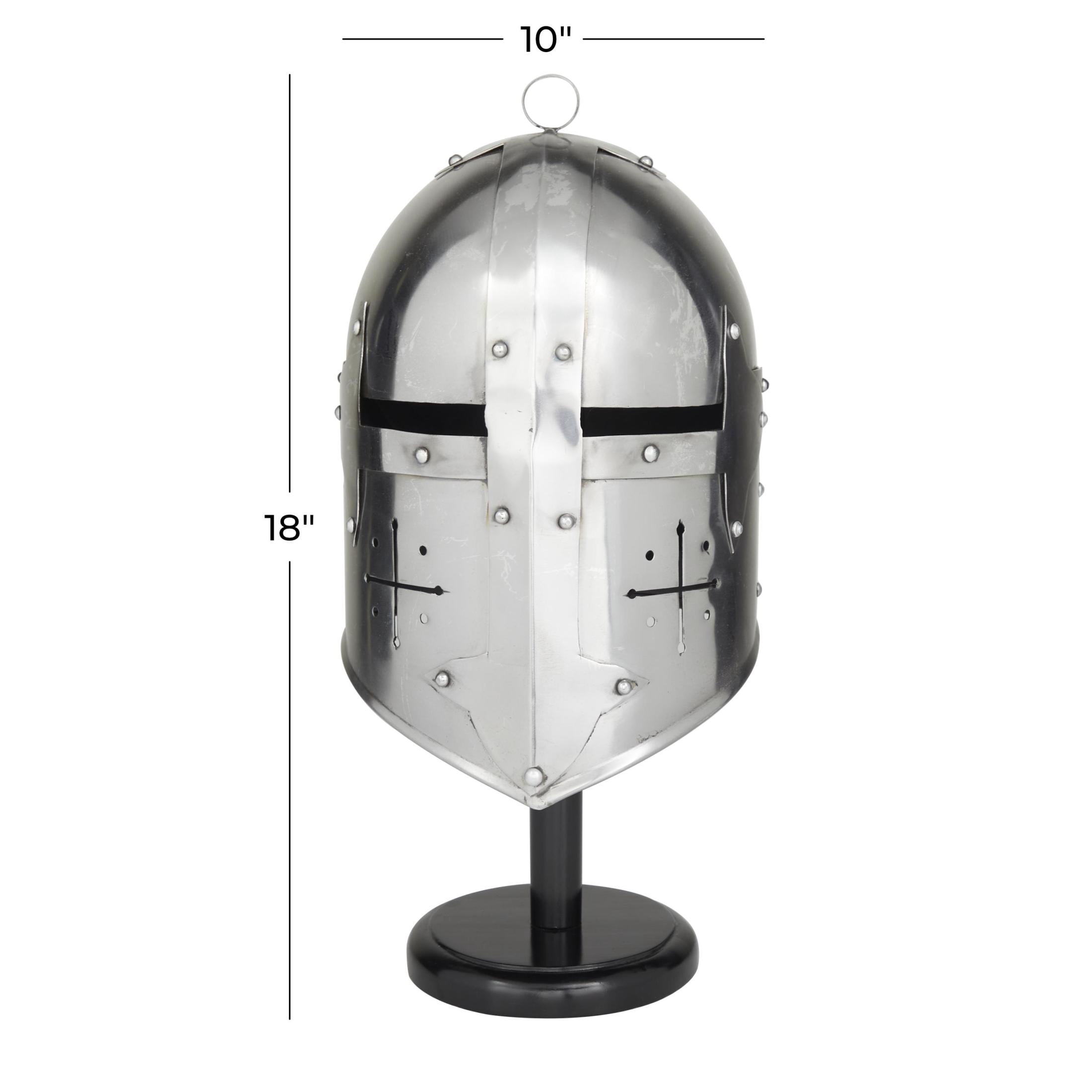 18" Silver Metal Replica Medieval Knight Crusader Mask Helmet with Black Wood Stand, by DecMode