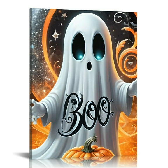 Vintage Halloween Ghost and Pumpkin  Boo Canvas Wall Art Painting,Gothic Print Pictures for Home Wall Decor Horror Creepy Dark Posters for Living Room Home Halloween Party Decor Framed