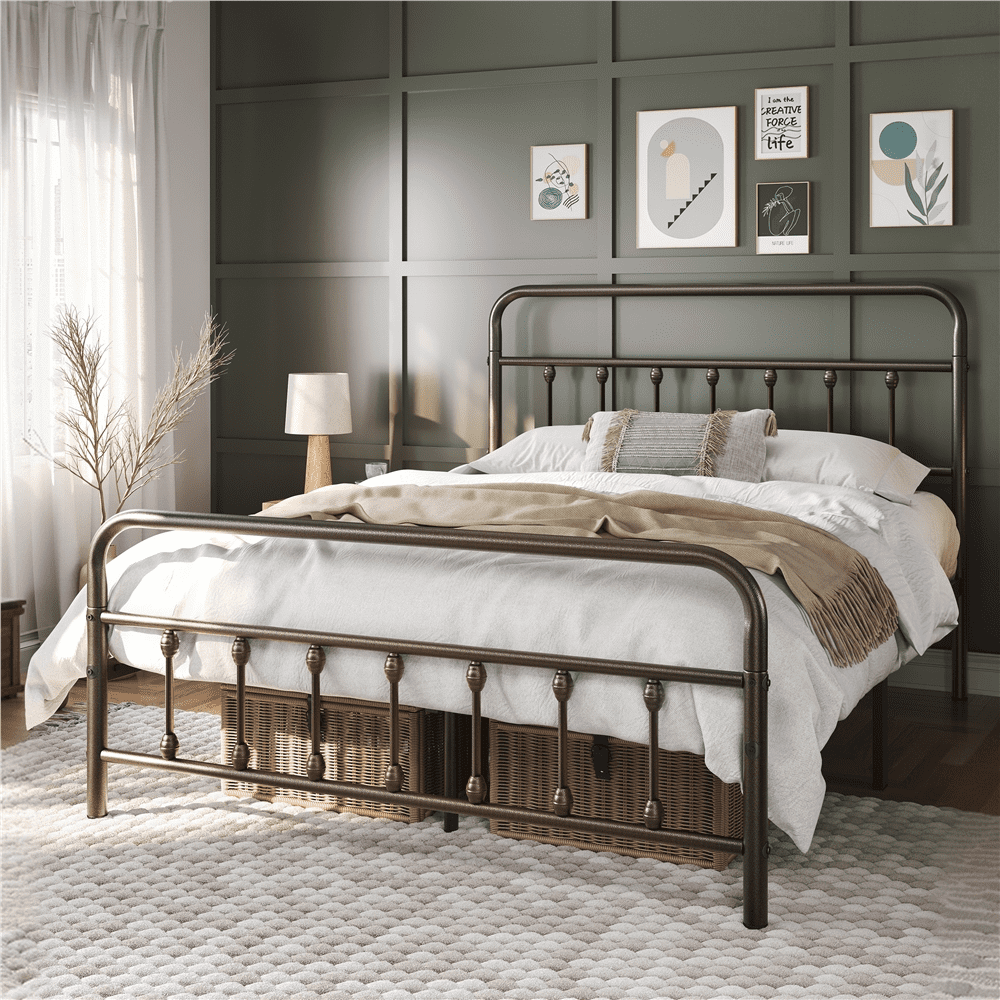 Alden Design Full  Size Metal Platform Bed with High Headboard for Adults, Bronze