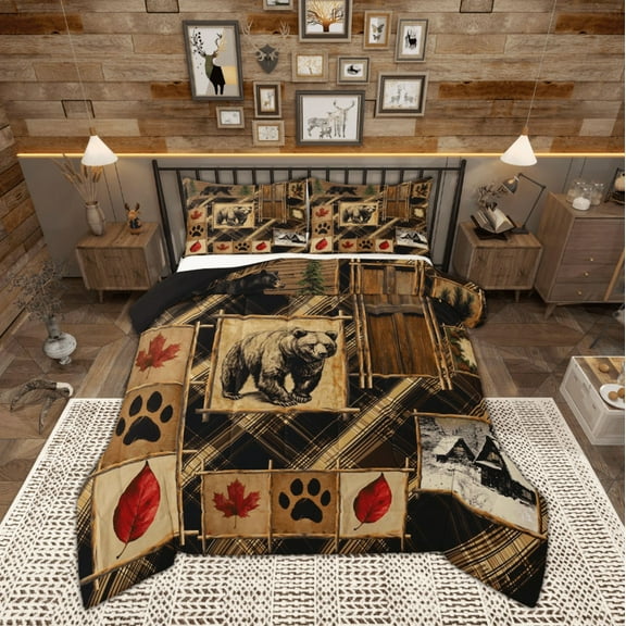 Manfei Wildlife Bear Child Bedding Comforter Set, Farmhouse Lodge Cabin Twin Comforter Sets, Vintage Rustic Patchwork Reversible Bedding Set, Lightweight Room Decor, 2-Piece