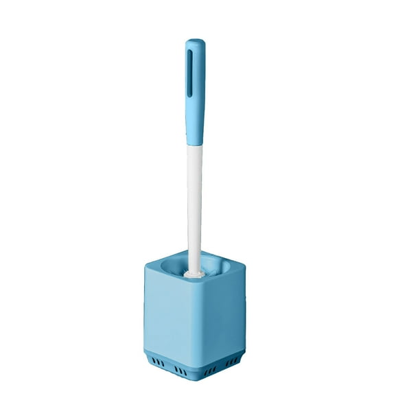Juego de cepillo para inodoro con mango largo para limpiar rincones difíciles, cepillo de baño de plástico con cerdas suaves, montado en la pared, con base de almacenamiento, color gris, azul y