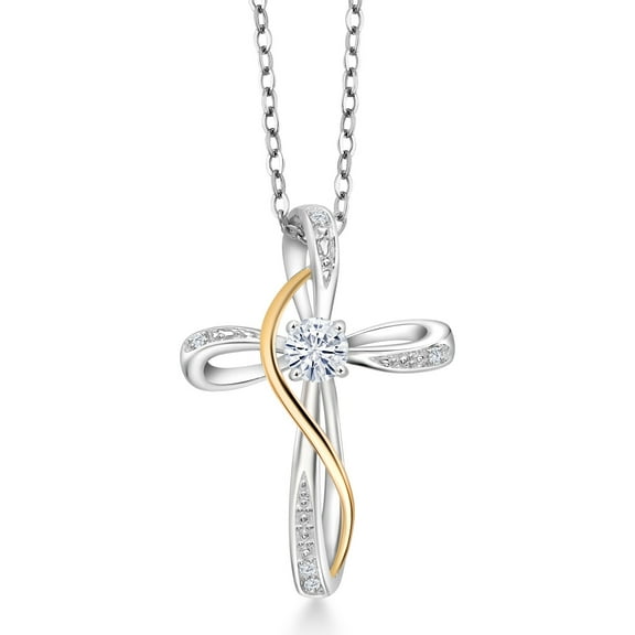 Gem Stone King 925 Silver and 10K Yellow Gold Moissanite and Lab Grown Diamond Infinity Cross Pendant | 0.26 Cttw | with 18 inch Chain