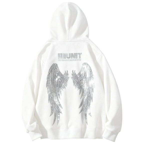 KHONTS Men's Plus Size Long Sleeve Zip up Hoodie Drop Shoulder Rhinestone Fashion 20s Loose Sweatshirt White XL