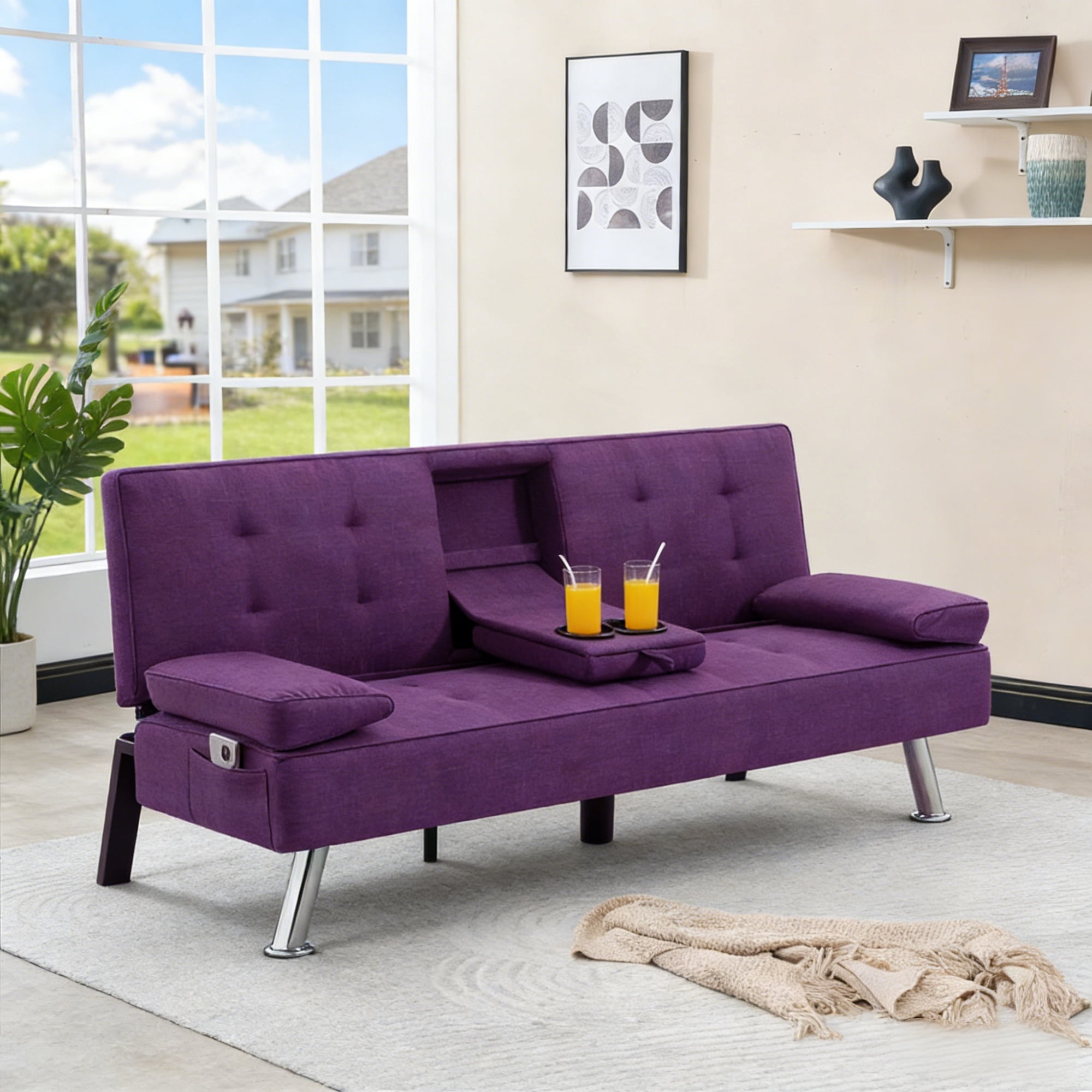 Gewnee 65.35" 3‑in‑1 Convertible Futon Sleeper Sofa,Sofa Bed with Cup Holders & Storage Bag ,Polyester Foldable Sleeper Couch with Adjustable Backrest for Small Apartments & Office，Purple