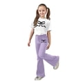 thumbnail image 2 of ZHOGXU Big Kids Girls Outfit Bow Printed Short Sleeve Round Neck Top And Flare Leg Pants Two Piece Comfortable Fashion Sets For Daily Wear Purple 7-8 Years, 2 of 5