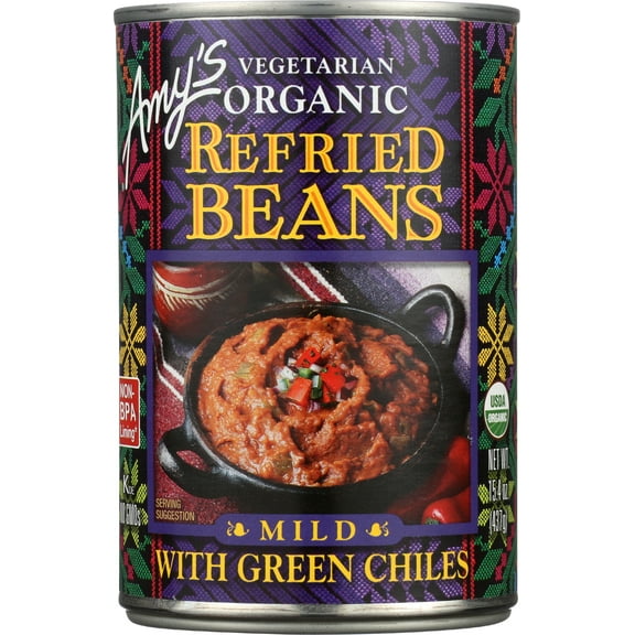 Pack of 12, Amy's Organic Vegetarian Refried Beans with Green Chiles, 15.4 oz